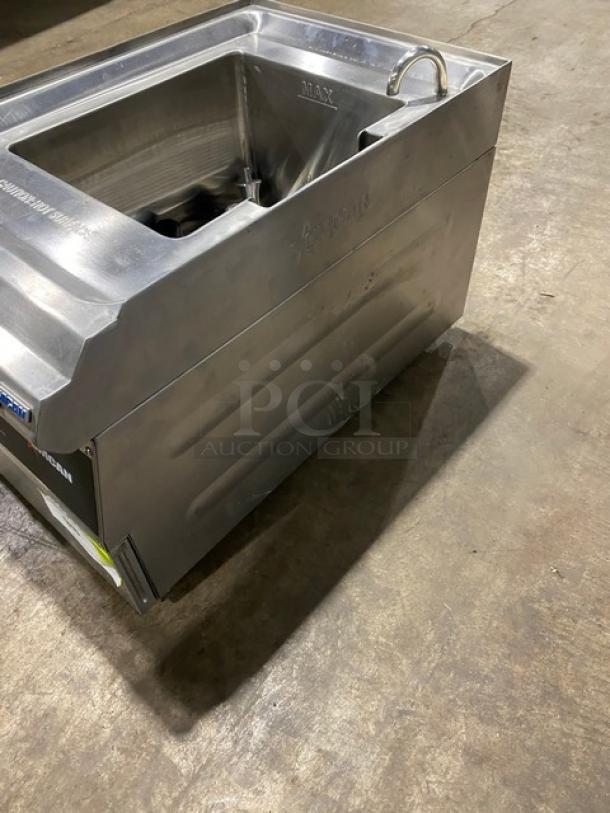 Omcan Model 41882 stainless steel electric pasta cooker, featuring a single tank with basket holder. 240V.