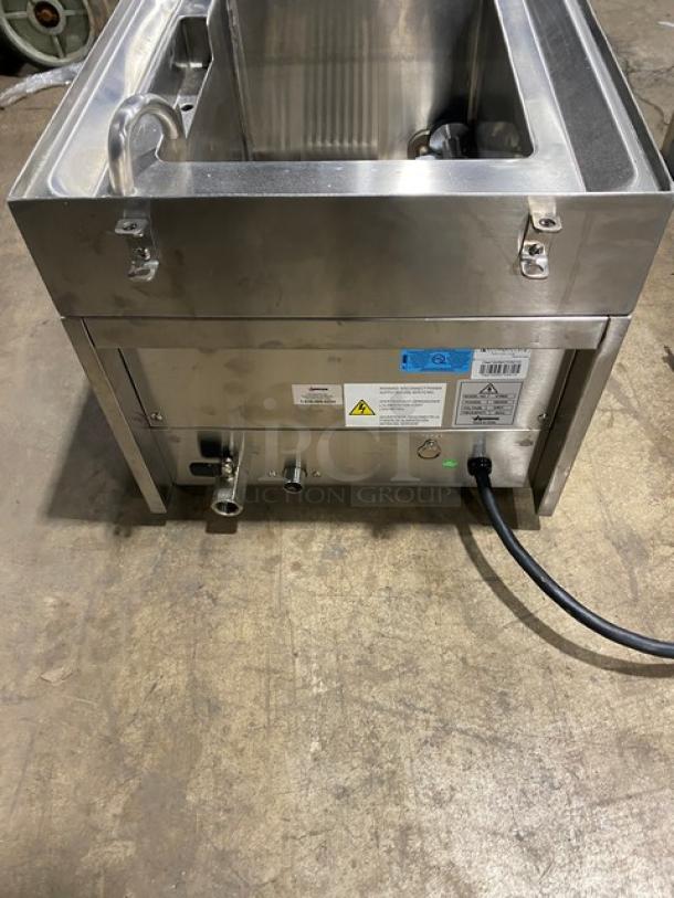 Omcan stainless steel electric countertop pasta cooker, model 41882, with basket holder. Features 240V input, visible labels.