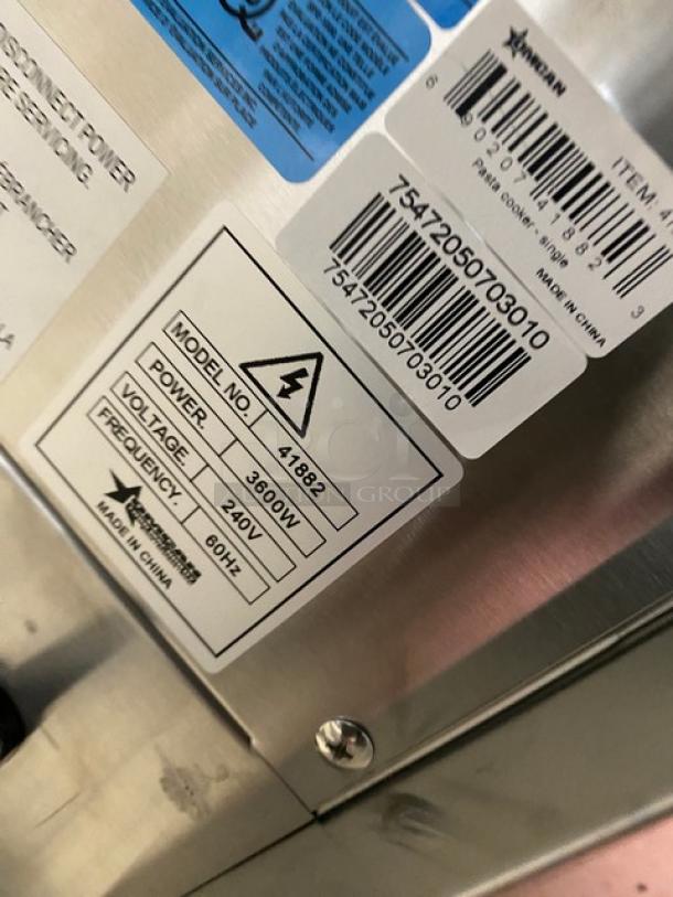 Omcan Model 41882 stainless steel electric pasta cooker, 240V, 3600W, with basket holder. Made in China. Tags showing model and power details.