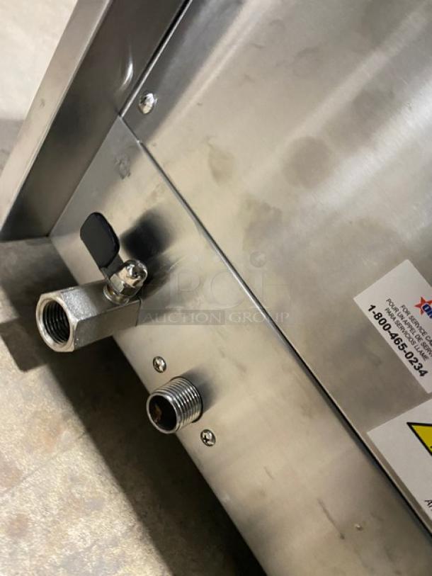 Omcan Commercial Stainless Steel Pasta Cooker, Model 41882, 240V, with basket holder and mesh basket. Features visible control valves.