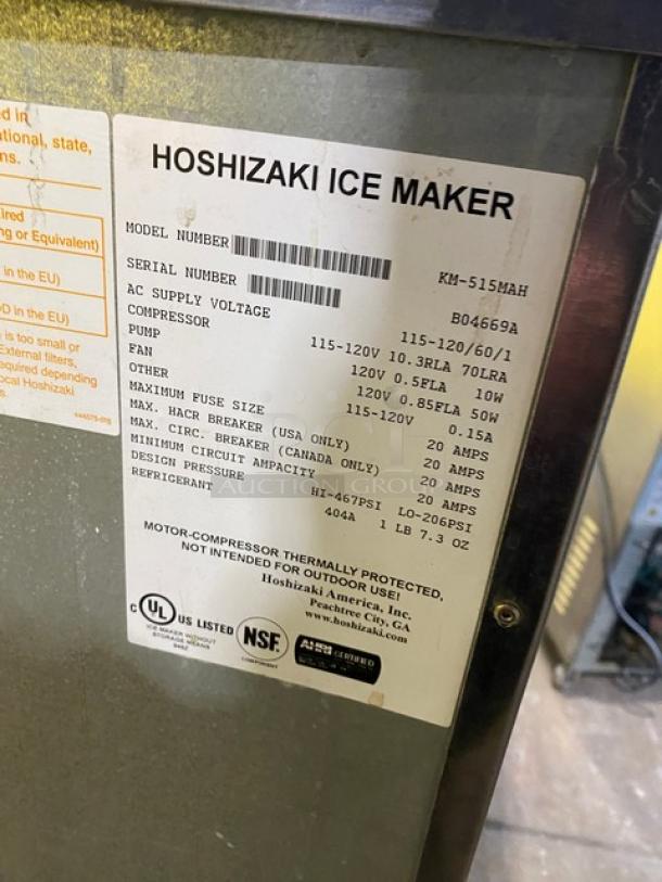Hoshizaki KM-515MAH ice maker label, showing model, serial number B04669A, voltage specifications, and certifications.