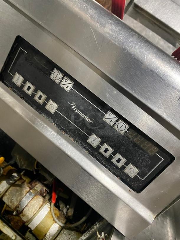 Frymaster FMPH455SC control panel, digital controls visible, stainless steel, part of 4-bay fryer system, model SN: 1112IK0026.