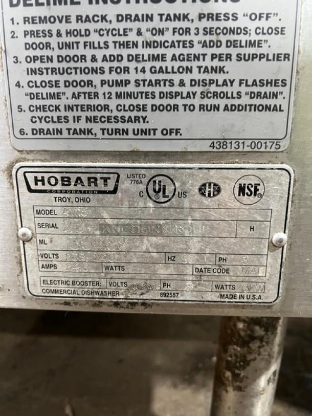 Hobart AM15 commercial dishwasher label, showing model, serial number 23-1078-818, voltage, and NSF certification.