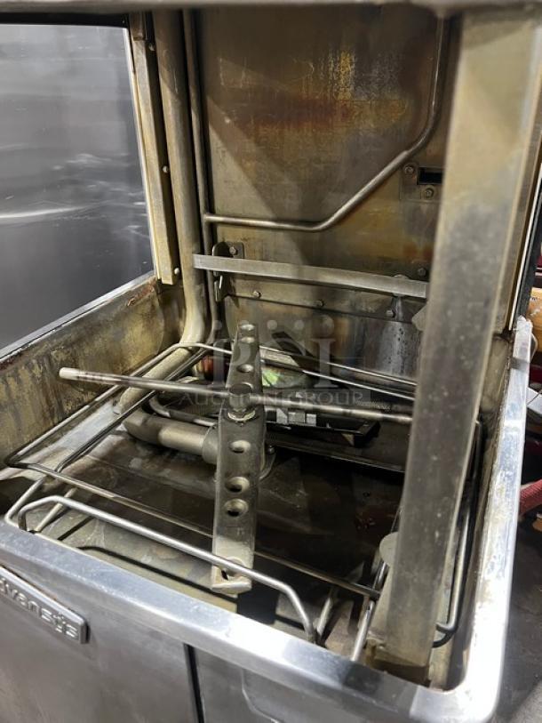 Hobart Advansys Series commercial stainless steel door-type dishwasher, on legs, visible interior components, used condition.