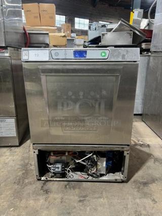Hobart LXEH commercial stainless steel dishwasher, undercounter model, electric powered, high-temperature, open base.
