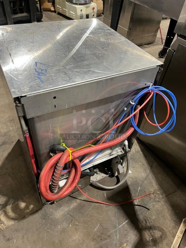 Hobart LXEH commercial stainless steel undercounter dishwashing machine, electric, model 23-1147-948, visible hoses, good condition.