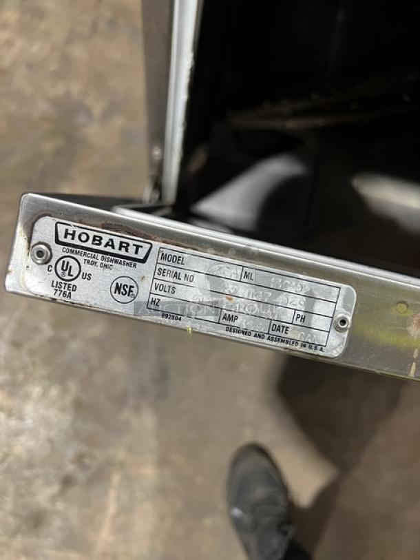 Hobart LXe Series commercial dishwasher label showing model LXEH, serial 23-1147-948, 120/208-240V, 1 Phase details.