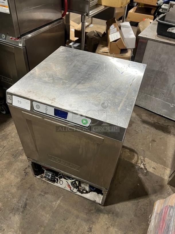Hobart LXEH undercounter dishwasher, stainless steel, commercial-grade, electric, high-temp, 120/208-240V, 1 phase.