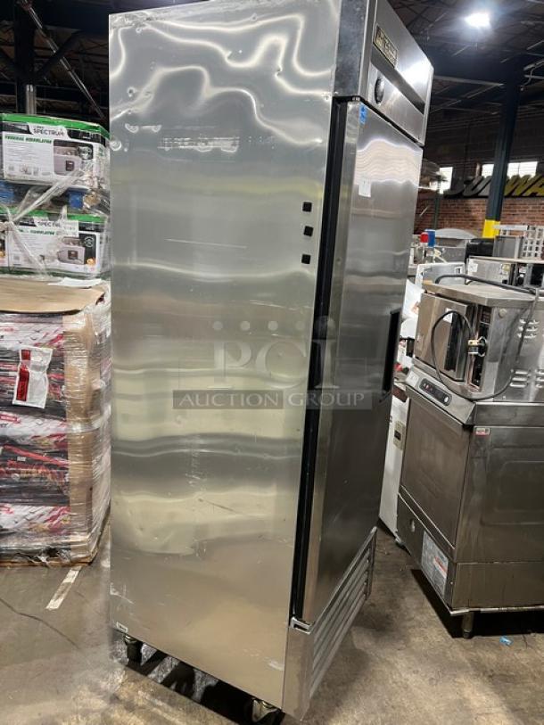 True T-23F commercial stainless steel single door reach-in freezer, Energy Star certified, on casters, with poly-coated rack.