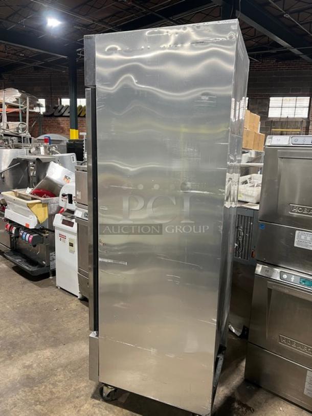 True T-23F commercial stainless steel single door reach-in freezer on casters. Energy Star certified, poly-coated wired rack. Model: T-23F SN: 8546786.