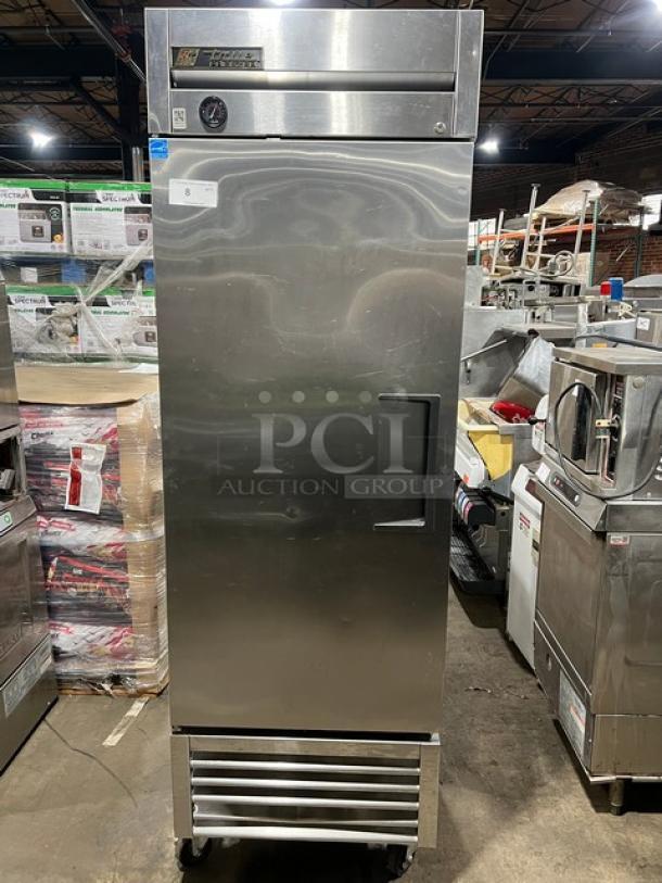 True T-23F commercial stainless steel single door reach-in freezer, Energy Star certified, on casters, with poly coated rack.