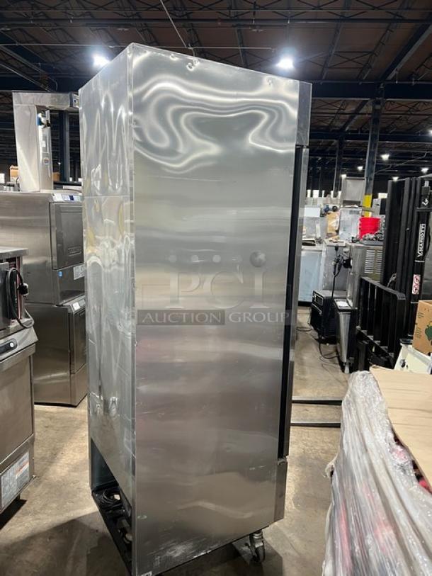 True T-23F stainless steel single door reach-in freezer, Energy Star certified, with poly coated rack, on casters.