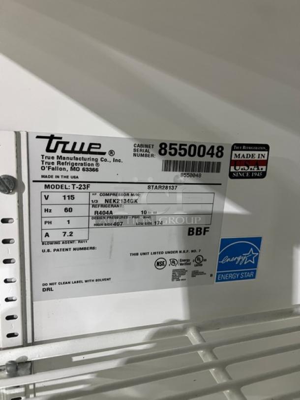 True T-23F Single Door Reach-In Freezer, stainless steel, Energy Star certified, poly coated rack, on casters, SN 8550048.
