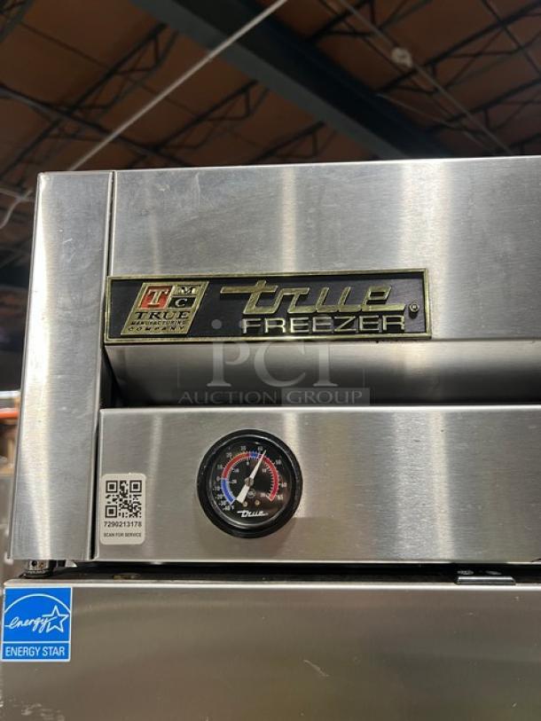 True Commercial Stainless Steel Single Door Freezer T-23F, Energy Star Certified, with temperature gauge and QR code visible.