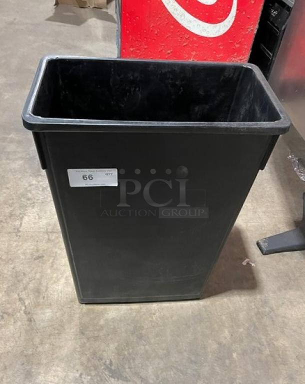 Winco Commercial 23-Gal. Black Slender Trash Can, Model PTC-23K, new condition, rectangular design, visible label "66 QTY".