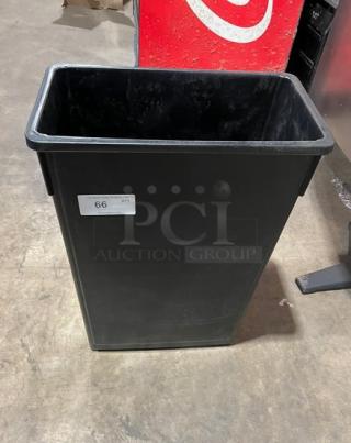Winco Commercial 23-Gal. Black Slender Trash Can, Model PTC-23K, new condition, rectangular design, visible label "66 QTY".
