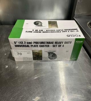 Focus Foodservice FPCST5HD caster set, new in box. Includes four 5" black polyurethane casters with brakes and 4" stainless steel mounting plates.