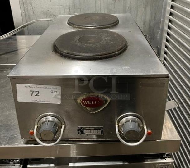 Wells H70 stainless steel electric 2-burner hotplate with individual controls, model H70, SN: H7700717A0001, 208-240V.