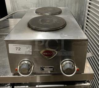 Wells H70 stainless steel electric 2-burner hotplate with individual controls, model H70, SN: H7700717A0001, 208-240V.
