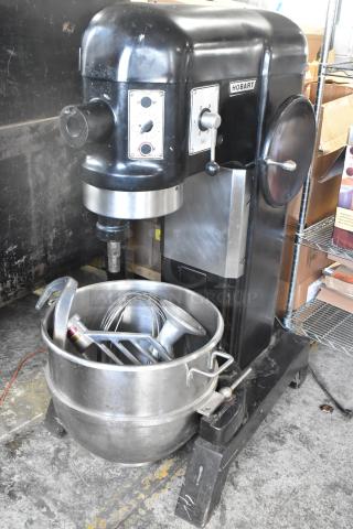 Hobart L-800 80 Quart Mixer with bowl, dough hook, whisk, paddle. Commercial use, 230V, 1 Phase. Visible wear.