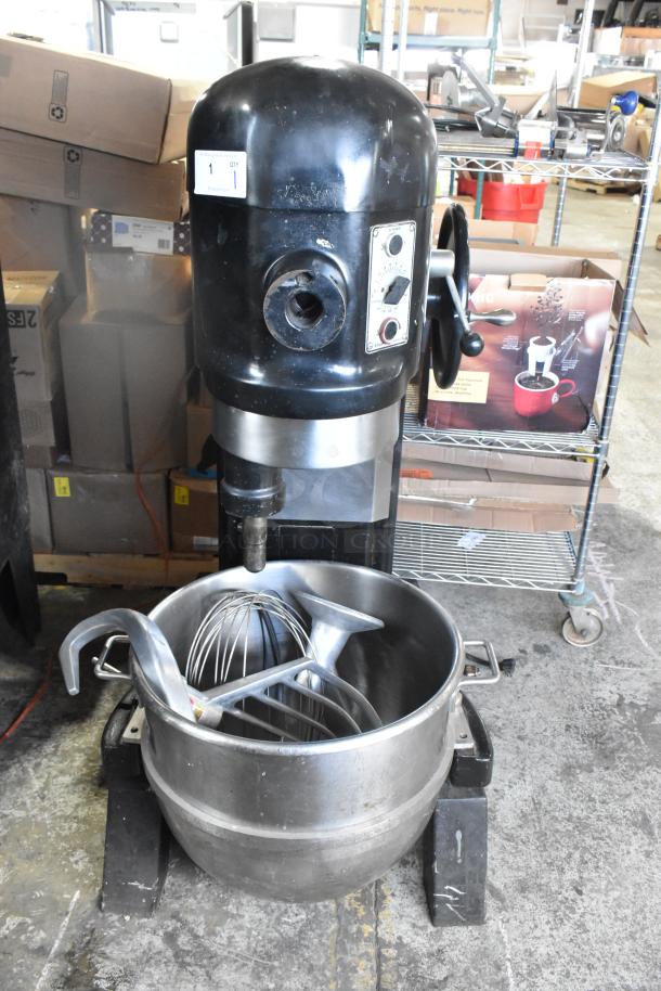 Hobart L-800 80 Quart Mixer with bowl, dough hook, whisk, paddle; black, commercial-grade, 230V, 1 phase, visible controls.