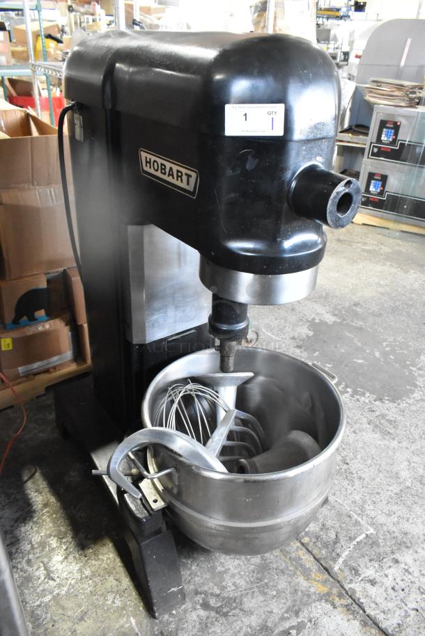 Hobart L-800 80 Quart Dough Mixer with bowl, hook, whisk, and paddle attachments. Black finish, 230V, 1 Phase, used condition.