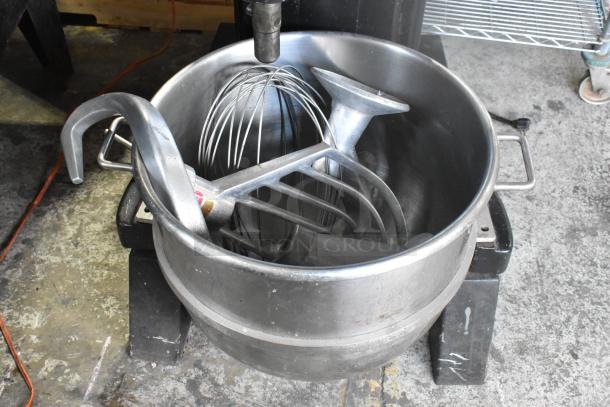 Hobart L-800 80 Quart Mixer with bowl, dough hook, whisk, and paddle. 230V, 1 Phase. Good condition, robust design.