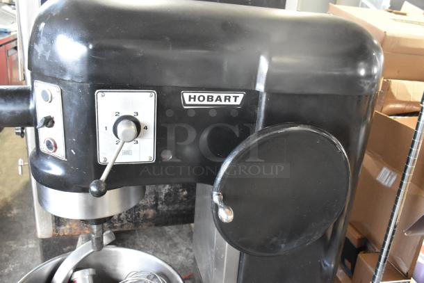 Hobart L-800 commercial 80 qt mixer, includes bowl, dough hook, whisk, paddle. 230V, single phase, visible speed dial.