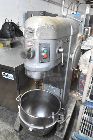Hobart H-600T commercial 60-quart mixer with bowl, 480V, 3 phase. Used condition, visible wear, includes start/stop controls.
