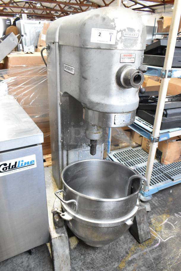 Hobart H-600T commercial 60-quart planetary dough mixer with mixing bowl, 480V, 3-phase, showing visible wear, includes model label.