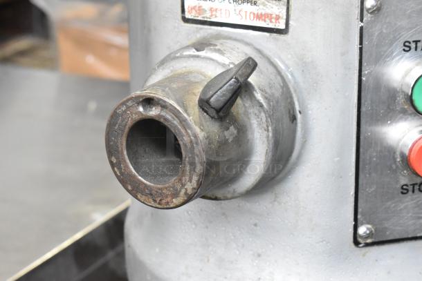 Hobart H-600T commercial 60-quart dough mixer attachment point, showing wear. Includes label for speed adjustment.