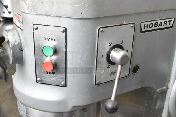 Hobart H-600T commercial 60-quart dough mixer, stainless steel, with start/stop buttons, speed control, 480V, 3-phase.