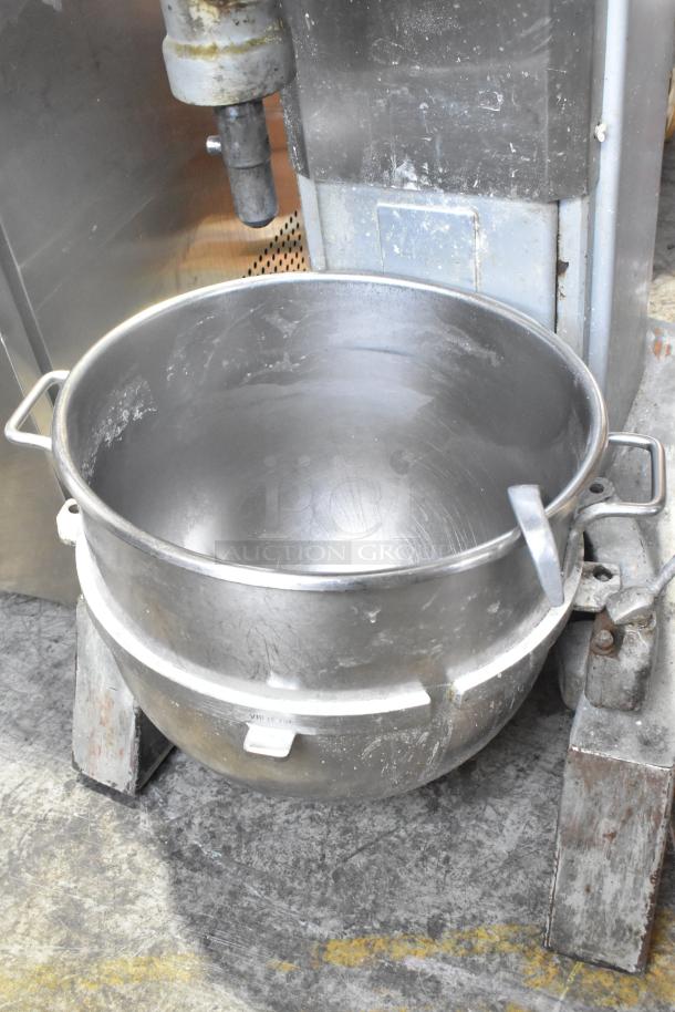 Hobart H-600T 60 Quart Commercial Dough Mixer with mixing bowl, 480V, 3-phase. Used condition, visible wear on bowl.