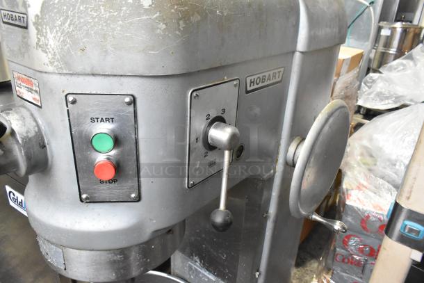 Hobart H-600T commercial 60-quart dough mixer with mixing bowl, 480V, 3-phase, fair condition, visible wear.