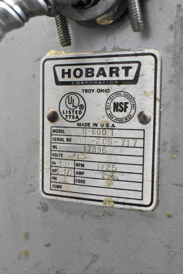 Hobart H-600T 60 Quart Commercial Dough Mixer, 480V, 3 Phase, includes mixing bowl, UL and NSF listed. Model and specs label visible.