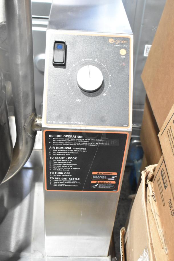BRAND NEW Groen TDH-48C stainless steel steam tilting kettle, 12-gallon capacity, natural gas, 52,000 BTU, control panel visible.