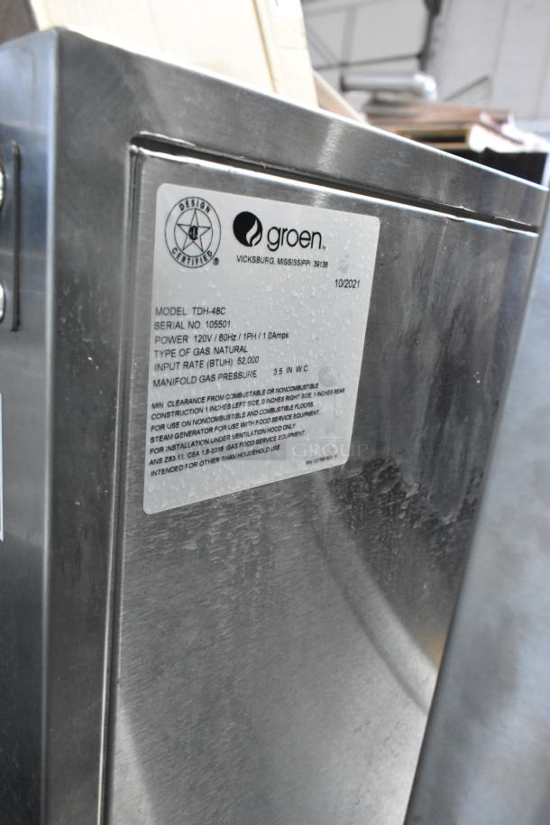 Brand new 2021 Groen TDH-48C stainless steel commercial tilting kettle, 12-gallon, 52,000 BTU, natural gas-powered.