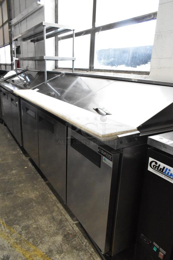 Dukers Commercial Sandwich Salad Prep Table with Bain Marie Mega Top, on casters. 115V, 1 Phase, stainless steel.