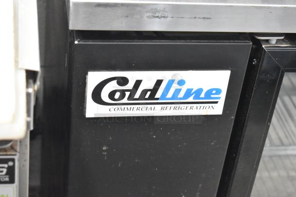 Coldline Commercial 2 Door Back Bar Cooler Merchandiser, doors locked, 115 volts, 1 phase, visible Coldline branding.