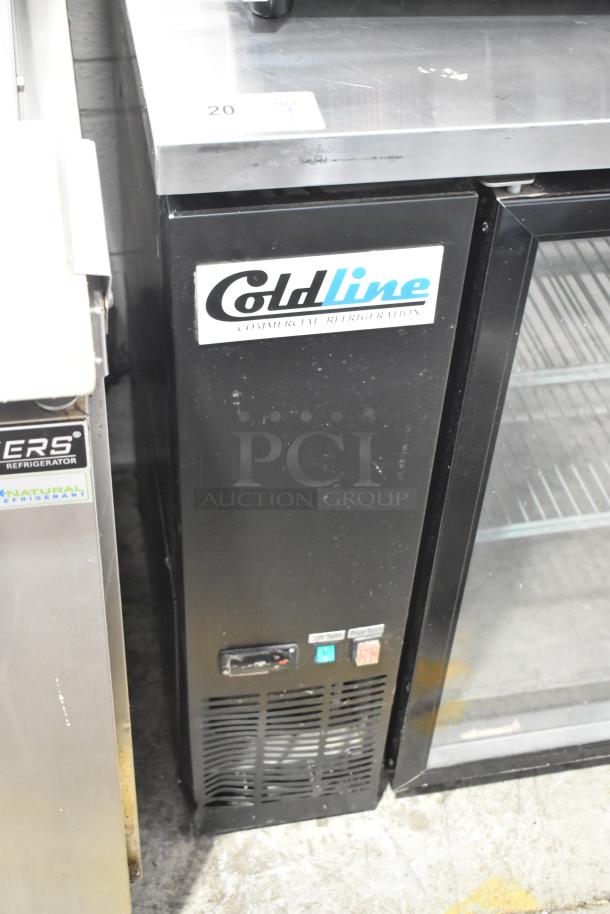 Coldline Commercial 2 Door Back Bar Cooler Merchandiser, locked doors, 115 volts, 1 phase, visible Coldline branding.