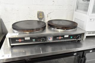 Krampouz Commercial Countertop 2 Burner Crepe Maker, stainless steel, visible wear, dual temperature controls, brand logo displayed.