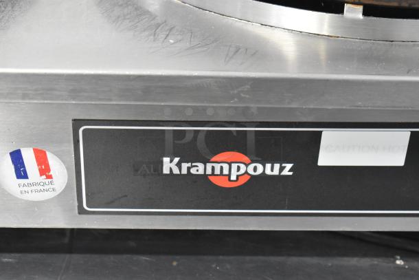 Krampouz Commercial Countertop 2 Burner Crepe Maker, stainless steel, "Fabrique en France" label, caution hot sign visible.