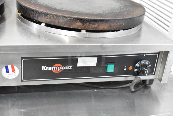 Krampouz Commercial 2 Burner Crepe Maker, stainless steel, visible wear, temperature dial, power switch, "Fabrique en France" label.