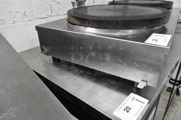 Krampouz commercial countertop 2 burner crepe maker in stainless steel. Visible wear on burners. Auction tags marked "20" and "21".