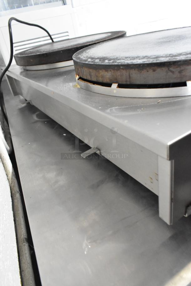 Krampouz Commercial Countertop 2 Burner Crepe Maker in stainless steel. Dual iron griddles, worn but functional condition.