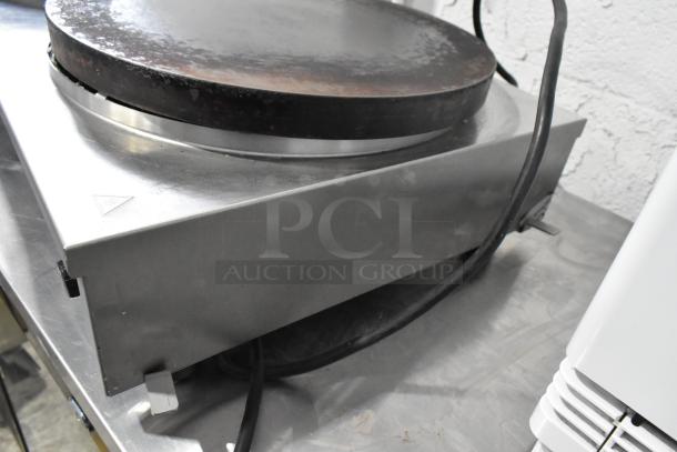 Krampouz Commercial Countertop 2 Burner Crepe Maker, stainless steel, single textured cooking plate, power cord attached.