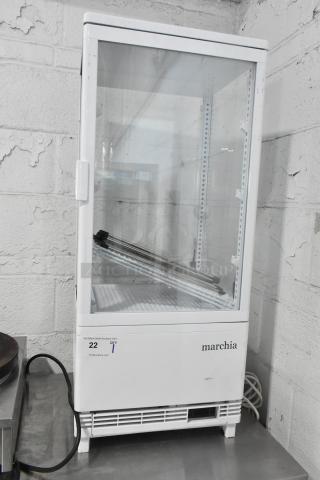 Marchia MDC78W countertop refrigerated merchandiser, showing clear glass, white frame, in good condition, 110-120V.