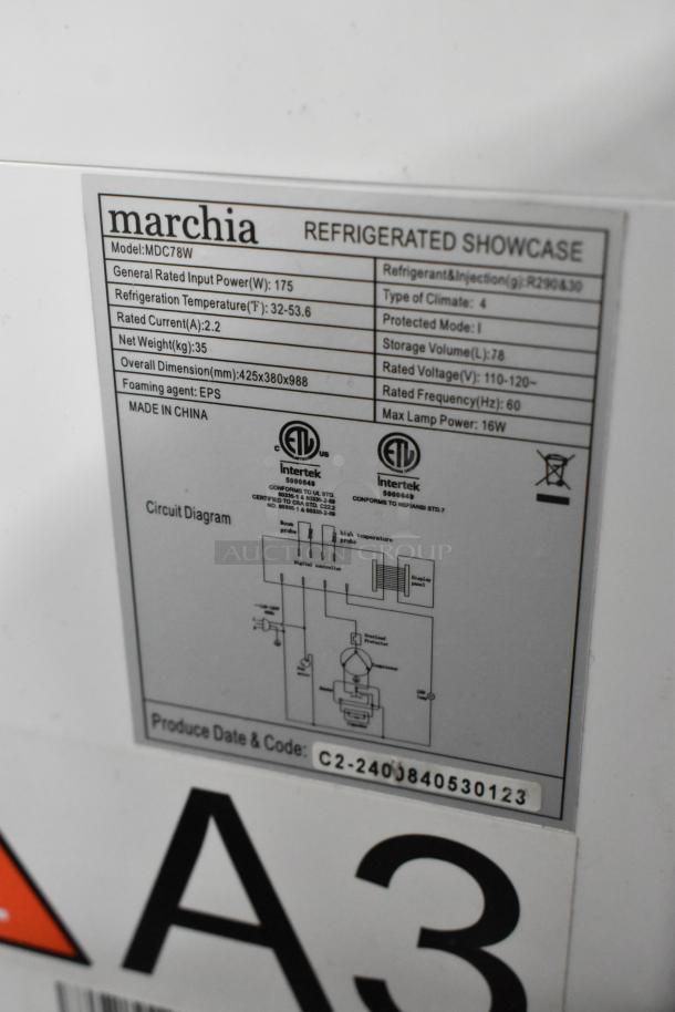 Marchia MDC78W Countertop Refrigerated Merchandiser label detailing model, power specifications, dimensions, and certifications.
