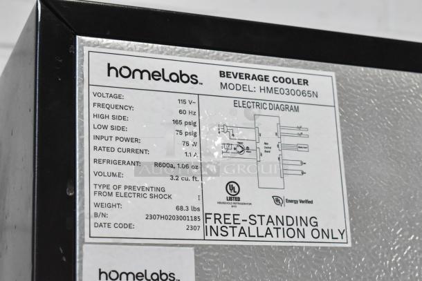 Homelabs HME030065N Mini Cooler Merchandiser label. Displays electrical specs: 115V, 60Hz, 3.2 cu. ft. Energy Verified.