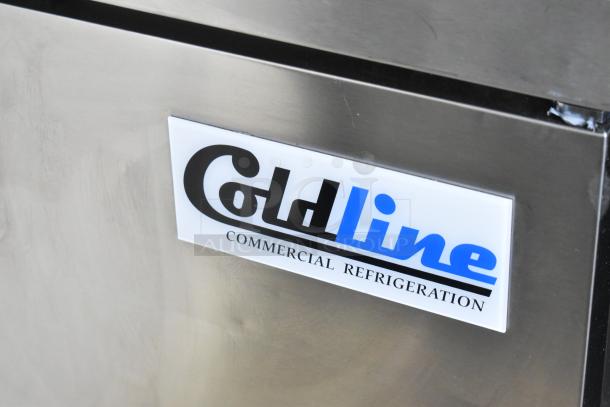 Coldline UC-27R undercounter cooler, stainless steel with logo, on commercial casters, 115V, 1 phase, new condition.